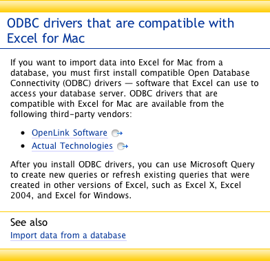 It's the same as I reported earlier on Excel 2008. Here's the message and you can click on it to go the web site and links to buy the drivers.