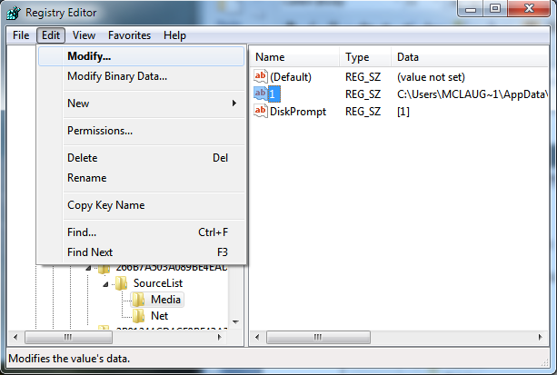 Enter the fully qualified Value data value, which should include the key value provided in the error dialog from the Oracle Installer.